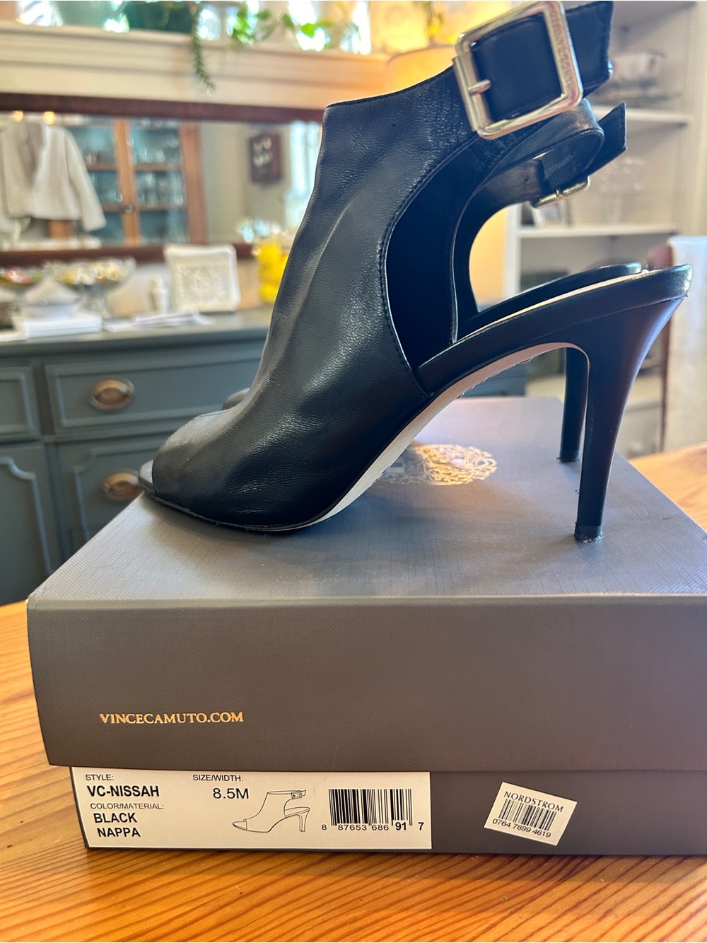 Vince Camuto Black Nappa Peep-Toe Slingback Heels with Buckle